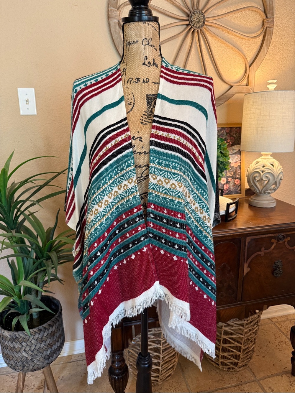 Francesca's Collections Black, Red, Teal & White Striped Fringe Open Sweater